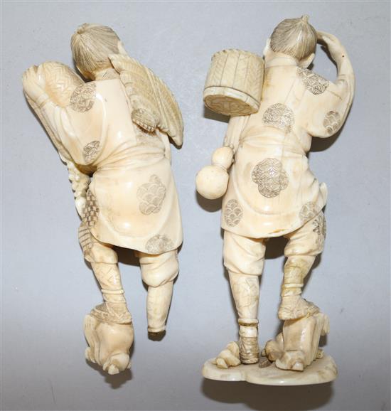 Two Japanese ivory figures of farmers, early 20th century, 15.5cm, damage